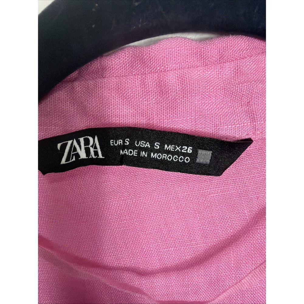ZARA 100% Linen Roll Tab Button Up Shirt Medium Pink Coastal Barbiecore S - Picture 4 of 8